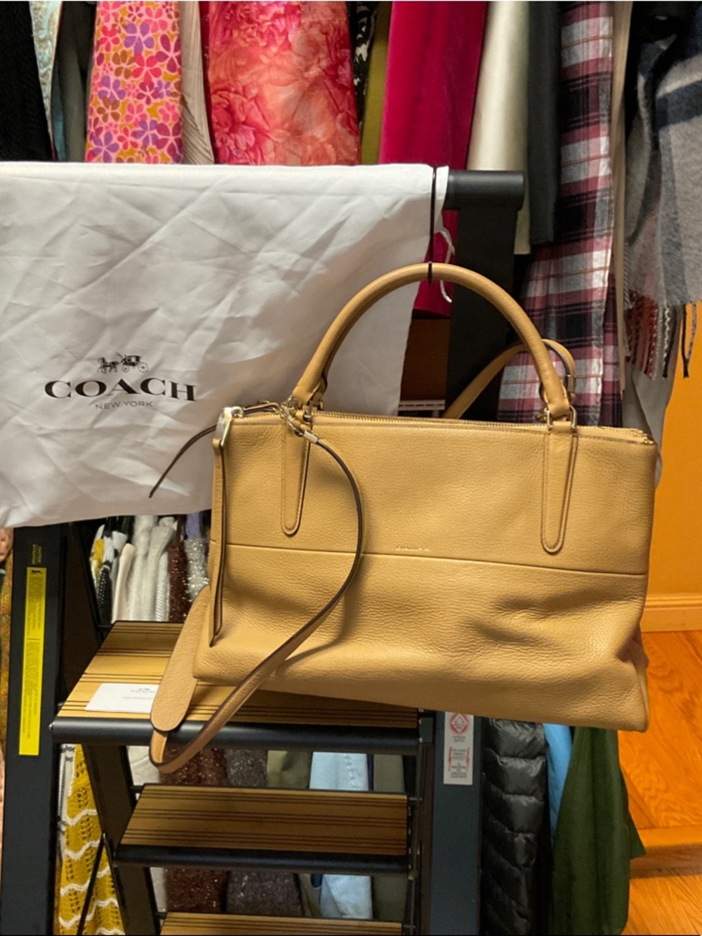 Coach Borough Pebbled Tan Leather Satchel with Removable Strap